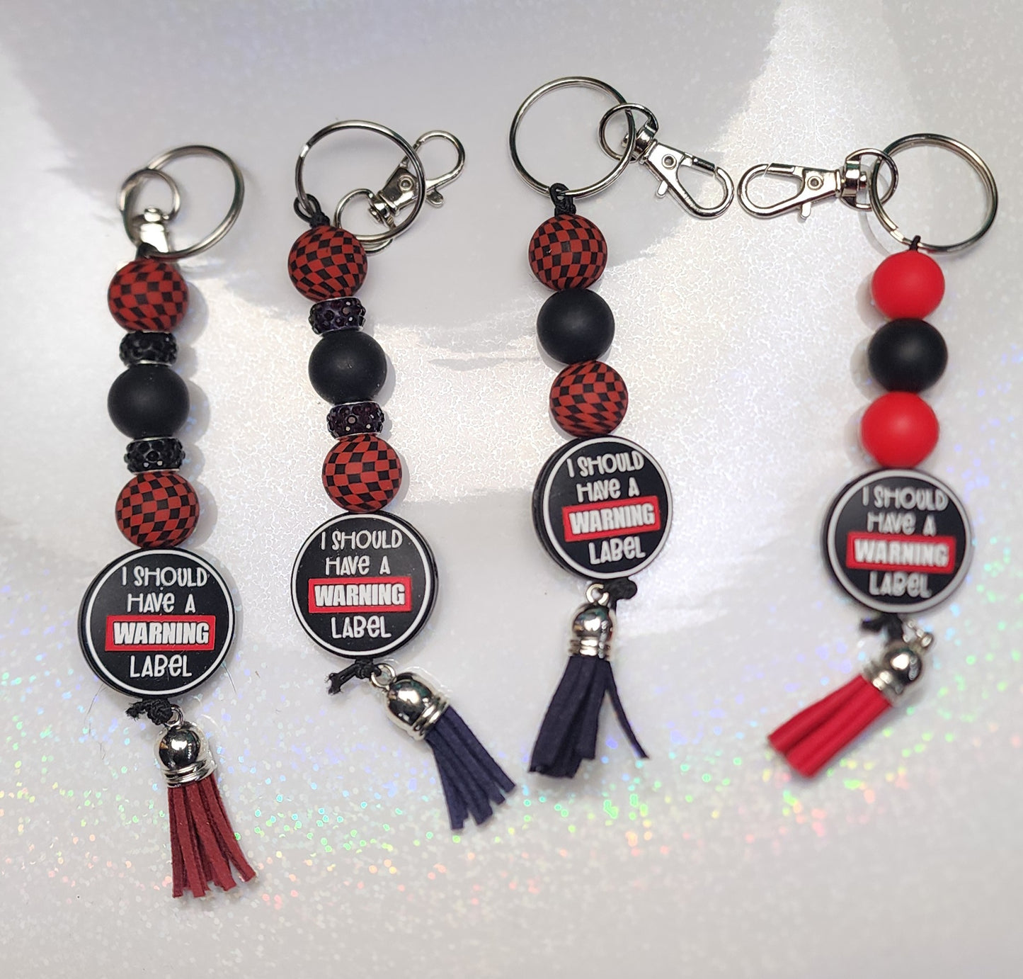 Should Have Come with a Warning Label Keychain – Red & Black Beaded Keyring, Funny Sassy Bag Charm, Handmade Attitude Gift for Bestie