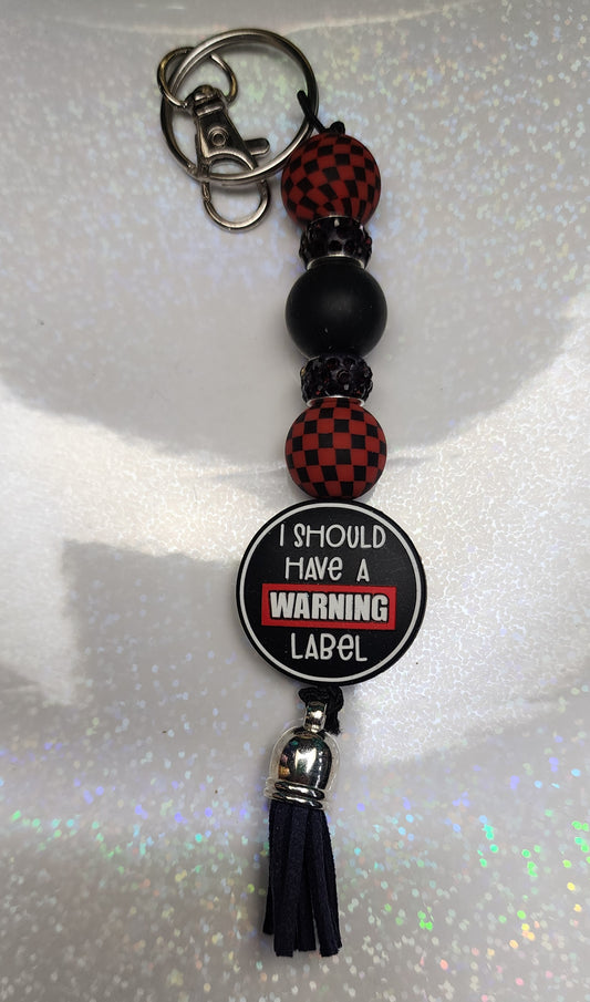 Should Have Come with a Warning Label Keychain – Red & Black Beaded Keyring, Funny Sassy Bag Charm, Handmade Attitude Gift for Bestie