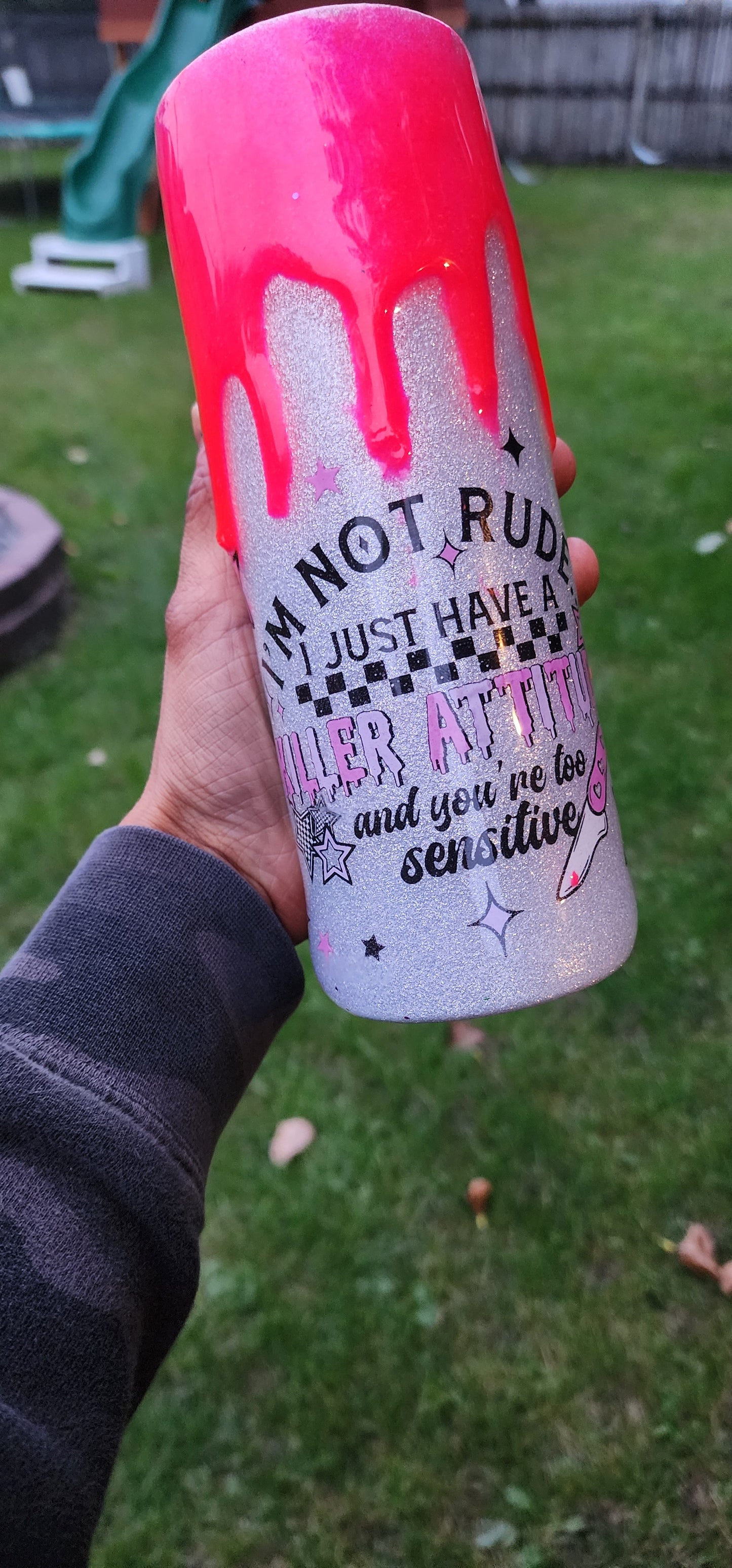 Im Not Rude I Just Have a Killer Attitude | Silver Glitter 20oz Stainless Steel Tumbler with Hot Pink Drip | Sassy Epoxy Cup