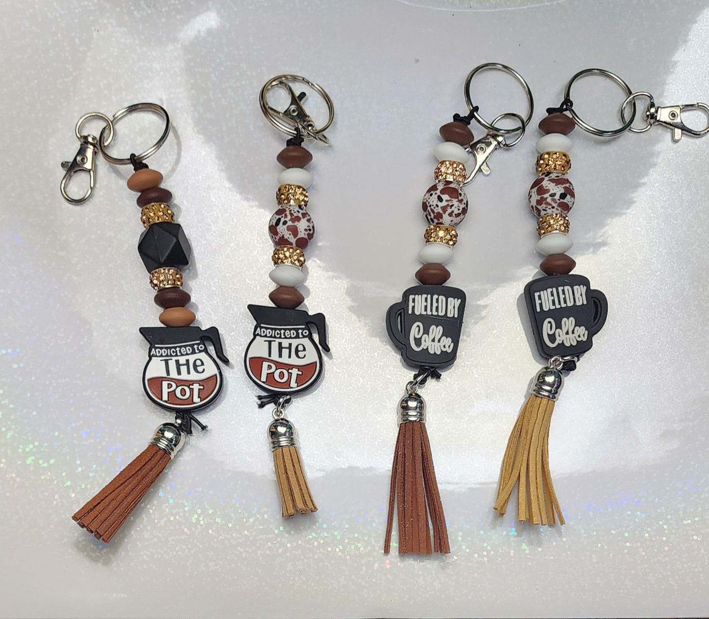 Fueled by Coffee & Addicted to the Pot – Funny Handmade Beaded Keychain