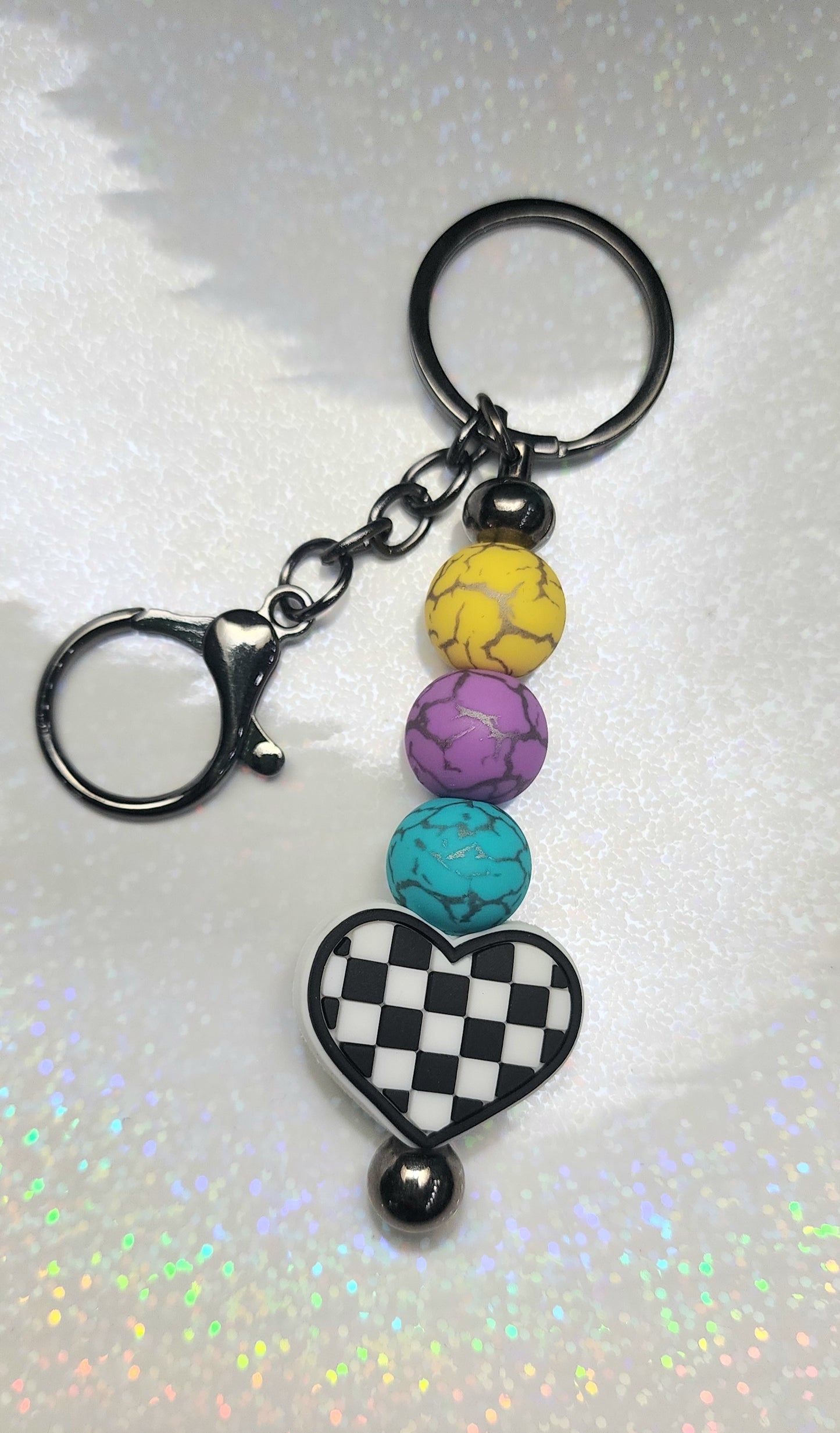 Handmade Checkered Heart Keychain: Multicolor Beaded Charm