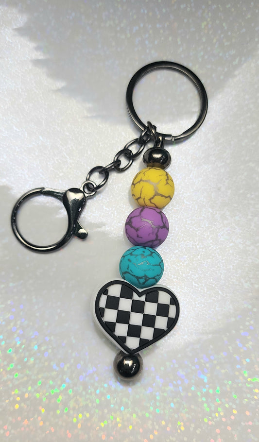 Handmade Checkered Heart Keychain: Multicolor Beaded Charm