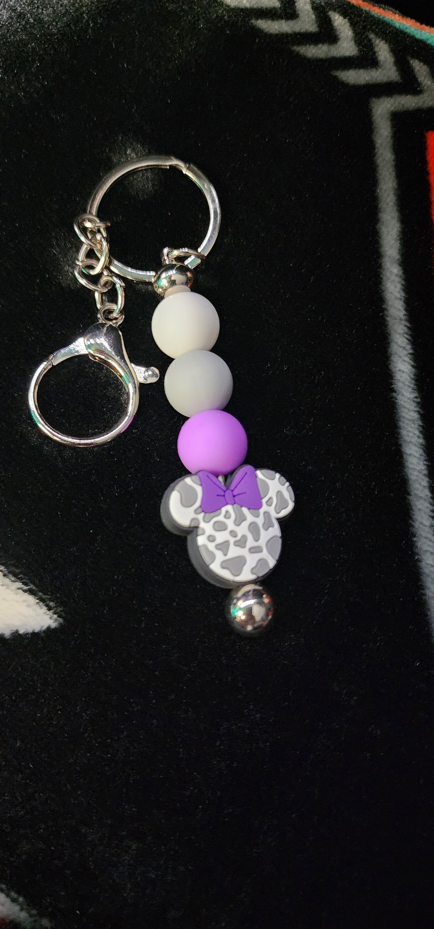 Handmade Minnie Mouse Cow Print Keychain – Purple & White Cute Disney-Inspired Accessory
