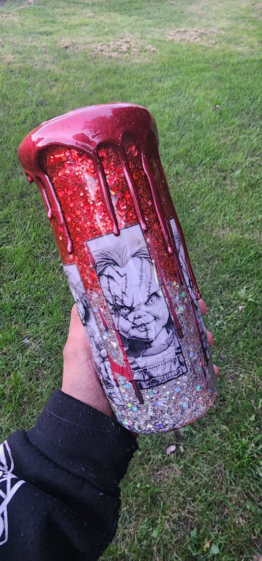 Chucky Horror 20oz Epoxy Stainless Steel Drip Tumbler – Creepy Cute Horror Cup, Scary Movie Fan Gift, Halloween Bloody Horror Drinkware
